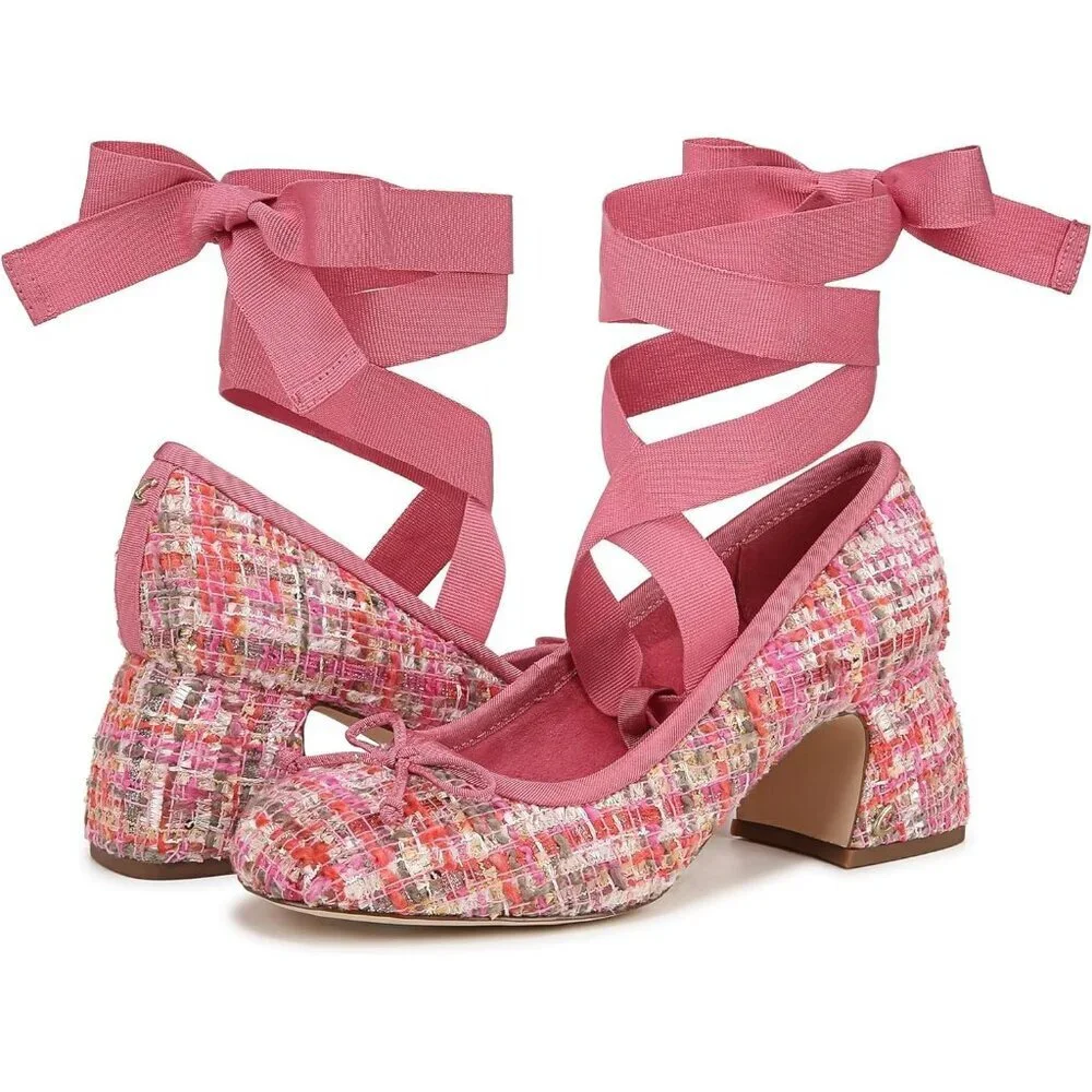 Circus by Sam Edelman Womens  Pink Multi Fabric Block Heel Della Lace-up Pump - Picture 5 of 7